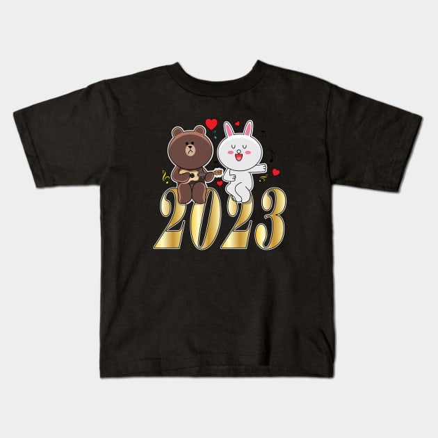 Brown Bear Cony Bunny Rabbit New Year 2023 Kids T-Shirt by ArticArtac